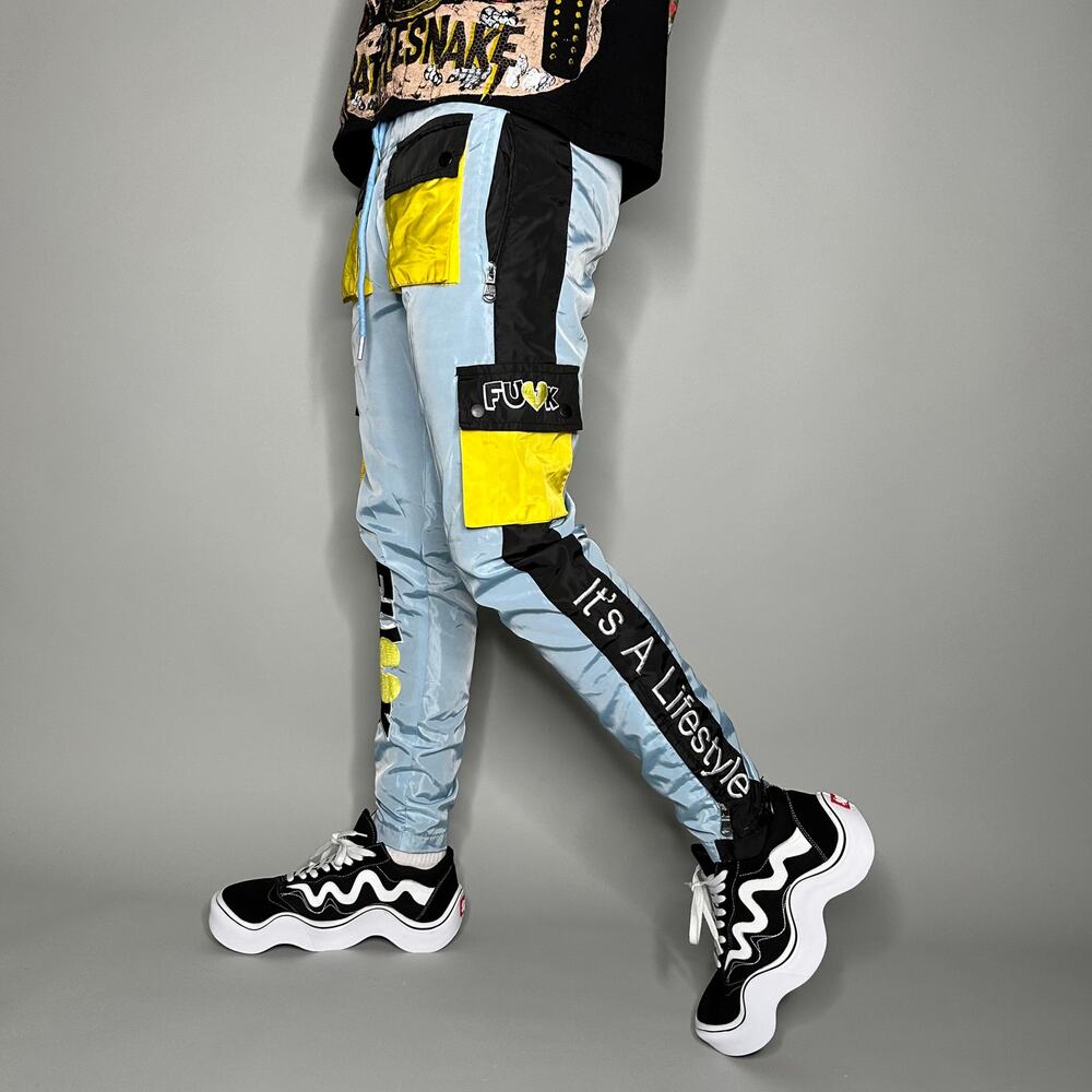 Vintage Y2K F*ck Love Track Pants Mens XS Light Blue Yellow Nylon Joggers